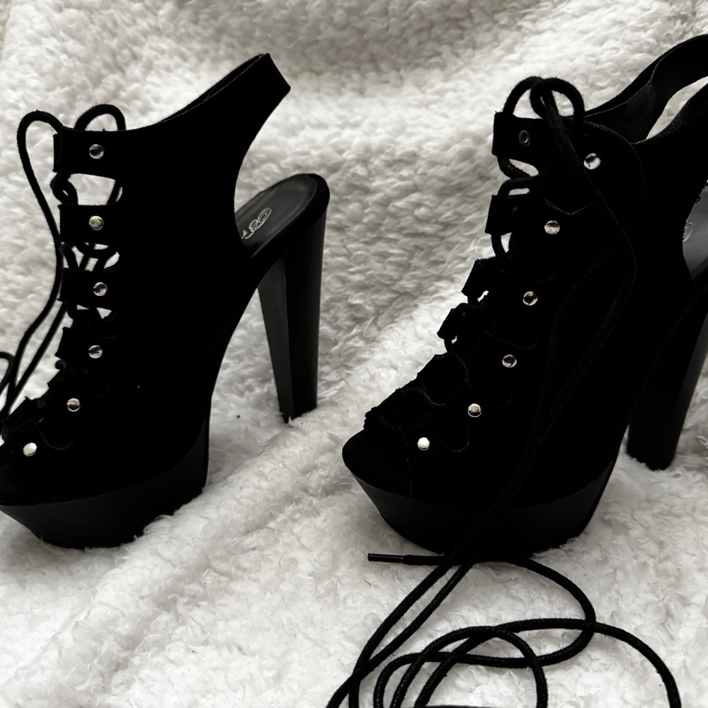 Qupid Black Stiletto Heels with Lace-Up Design